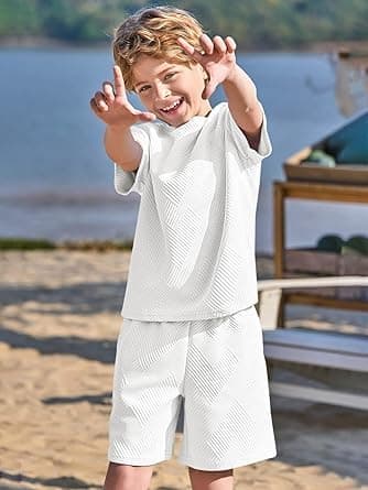 Haloumoning Conjunto de ropa para niño de verano, color sólido, manga corta, camiseta con pantalones cortos elásticos, ropa informal conjuntos con estructura — view 3