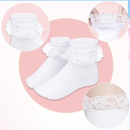 Pistha 3 Pairs Girls Ruffle Socks White Ruffled Lace Socks for Girls Toddler Frilly Dress(Aged 8-10 years) — view 4