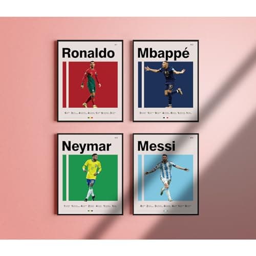 Soccer Posters 8x10 Inch Framed Canvas Prints Set of 4 - Messi, Ronaldo, Mbape And Neymar Famous Football Superstar Poster Sports Decor for Boys Bedroom Wall Art — view 3