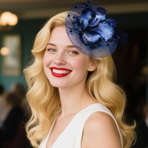 Haakong 20s Fascinators Hat for Women Tea Party Headpiece Mesh Feathers Hair Clip for Bridal Wedding (Dark Blue) — view 5