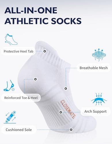 CLOSEMATE Athletic Running Ankle Socks for Men & Women Cushioned Breathable Low Cut Tab Socks with Arch Support 6 Pairs(6White,M)