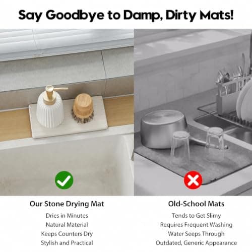 Diatomaceous Earth Sink Organizer Tray Set, 3-Pack Fast Drying Water Absorbing Stone Soap Holder Caddy for Kitchen & Bathroom Counter, Faucet Splash Guard, Beige (1pc of 8"x3.8" + 2pcs of 3.8"x3.8") — view 2