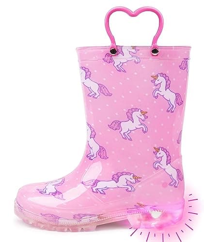 OUTEE Toddler Girls Rain Boots Little Kids Baby child Light Up Waterproof Rubber Shoes Unicorn Printed Mud Lightweight Adorable with Easy-On Handles Non Slip Sole Pink Size 8