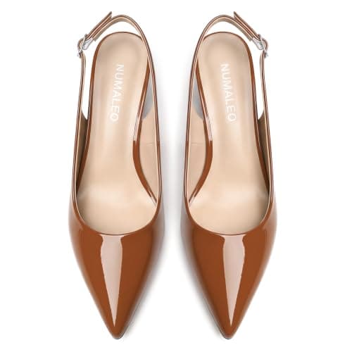 NUMALEO Brown Patent Slingback Heels for Women Pointed Close Toe Kitten Heels Patent Pumps Dress Party Comfy Heeled Sandals Stiletto 2.5 Inch Dress Shoes Size 11 — view 4