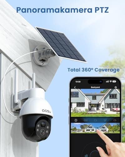 AOSU 3K/5MP Solar Security Cameras Wireless Outdoor, WiFi Camera Surveillance Exterieur for Home Security, Panoramic PTZ, Auto Tracking, Human/Vehicle Detection, Night Vision (2 Pack), SolarCam D1 SE