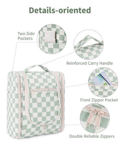 Narwey Small Hanging Toiletry Bag Women Travel Toiletries Makeup Bag Cosmetic Make up Bags for Travel Size Essentials Accessories (Medium,Mint Green Checkerboard) — view 5