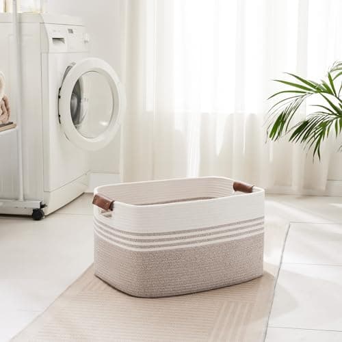 SunNewt 60L Large Laundry Basket with Leather Handles for Living Room Storage, Woven Rope Baskets Bin for Blanket, Gifts, Wicker Hamper for Bedroom Dirty Clothes, 21"x15"x11" White Brown — view 2
