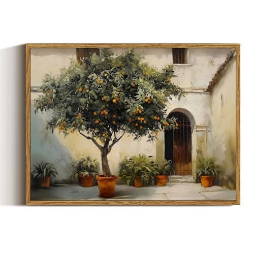 ARPEOTCY Vintage Framed Canvas Wall Art, Courtyard Orange Tree