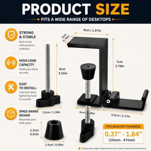 JAKO Headphone Stand for Desk, Aluminum Alloy Foldable Headphone Holder - Headset Stand Hook Mount, PC Gaming Headset Holder Under Desk Clamp for Office, Computer, Student Class Table, Handmade Table