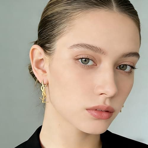 HNWBFCT Designer Inspired Earrings,luxury designer earrings,Monogram Hoop Earrings, Women's Minimalist Swing Letter Stud Earrings ,18K Gold Plated Hypoallergenic Everyday Jewelry ,Personalized Birthday Gift for Best Friend — view 4