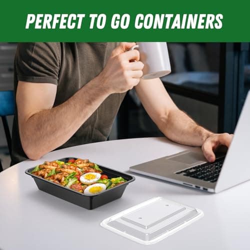 50 Pack (100-Piece) 32 oz Meal Prep Containers Reusable with Easy Open Lids, Sturdy Leakproof Food Safe, Microwave Freezer Dishwasher Safe, To Go Take Out Plastic Food Storage Pans with Lids, Black — view 6