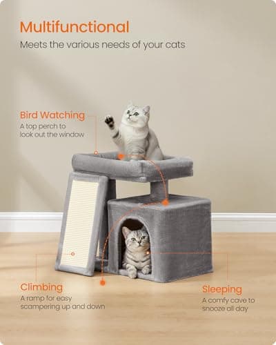 Feandrea Small Cat Tree, Cat Tower Condo for Kittens, Scratching Ramp, Top Perch, Cave, 50.2 x 30 x 44.6 cm, Dove Gray UPCT010GD01 — view 2