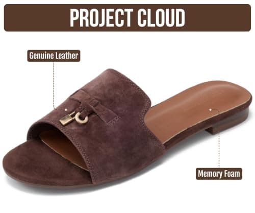 Project Cloud 100% Genuine Leather Sandals Women Dressy - Non-Slip Womens Sandals with Memory Foam Insole Slides for Women Footwear - Lightweight Flat Sandals for Women 2026 (Cannes, ESPRESDE,9M)