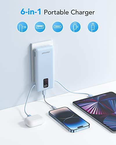 charmast Portable Charger with Built-in Cables and Wall Plug, 10000mAh USB C Portable Power Bank, Potable Phone Charger, Travel Essentials Compatible with iPhones, Samsung Galaxy, iPad — view 2