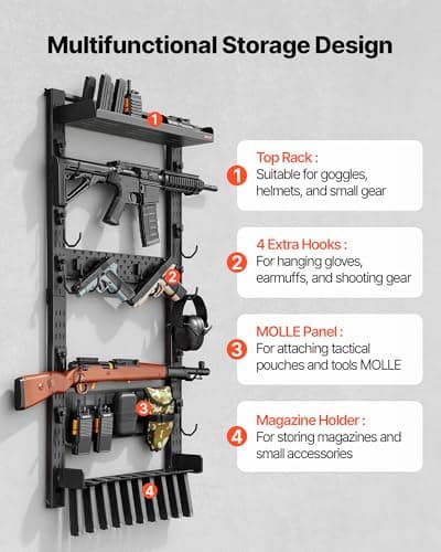 VEVOR Gun Rack Wall Mount, Heavy Duty Steel, Indoor Rifle Shotgun Rack with Magazine Holder, MOLLE Panel, Gun Accessories Display Storage Holder, Hold Up to 5 Rifles or Shotguns, for Tactical Gear — view 2