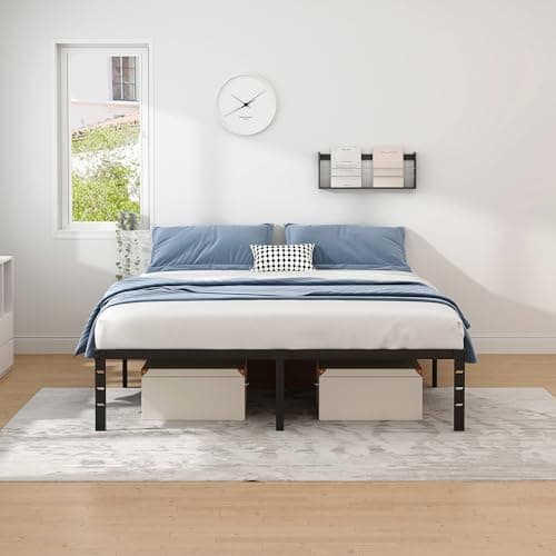 NEW JETO Metal Bed Frame,Queen Size Bed Frame with Storage Space,Heavy Duty Sturdy Mattress Foundation,Easy Assembly,No Box Spring Needed, Black,14 Inch,Queen