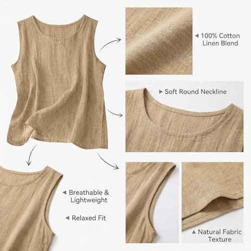 Off The Shoulder Tops for Women Womens Tank Top Linen Shirt Women Cotton Linen Sleeveless Summer Casual Loose Shirts 2026 Hawaiian Boho Crew Neck Gauze Basic Camisole Beige L — view 6