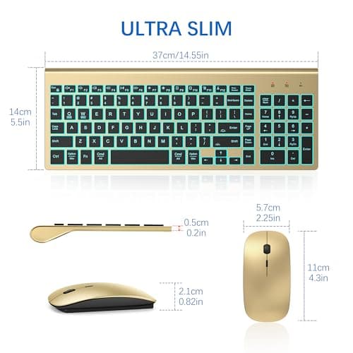Wireless Backlit Keyboard and Mouse Ultra Slim Combo, TopMate 2.4G Silent Compact 2400DPI Mouse and Scissor Switch Keyboard Set, Batteries Included, for PC/Laptop/Windows/Mac/Gaming - BL Gold Black — view 5