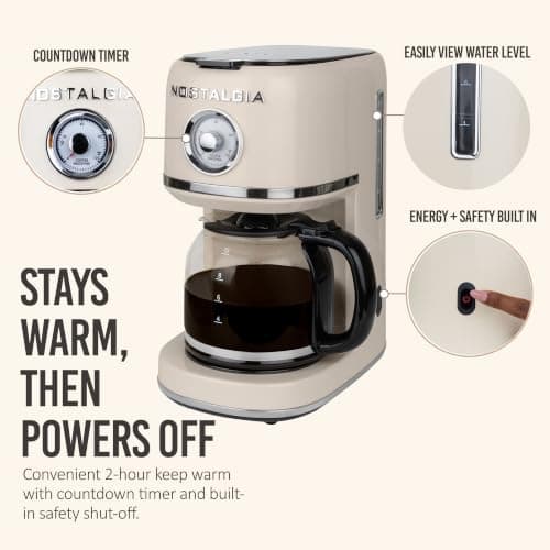 Nostalgia Classic Retro 10 Cup Coffee Maker - One-Touch Drip Brew, Reusable Filter - Anti-Drip, Auto Shutoff, & Time Display - Dishwasher Safe 50 oz Carafe - Cream — view 4