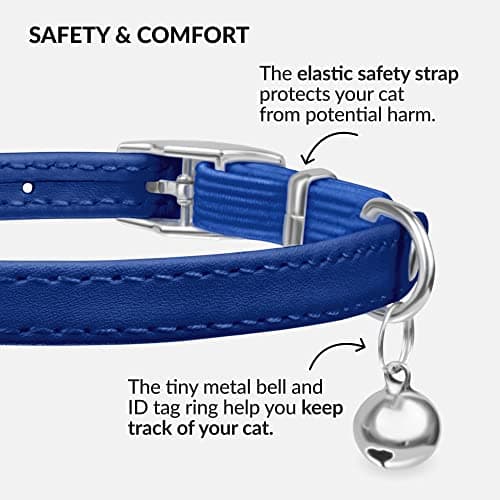 CollarDirect Leather Cat Collar with Bell - Kitten Collar, Small and Big Cat Collar for Boy Cats, Girl Cats with Safety Elastic Strap (Neck Fit 8"-11", Navy Blue) — view 2