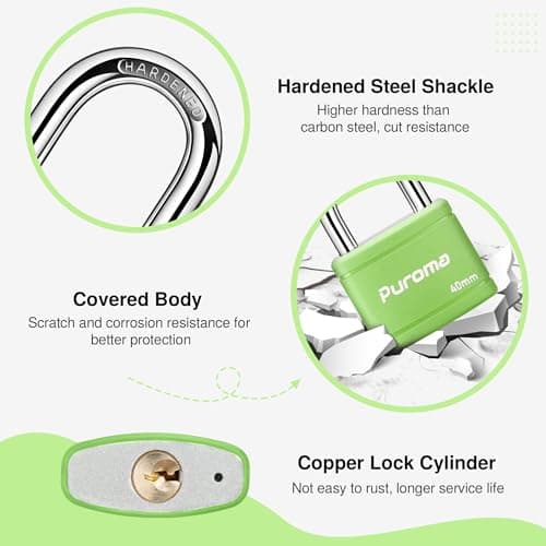 Puroma Keyed Padlock with 2 Keys Alike, 7/8 Inch Locker Lock 40mm Heavy-Duty Locks for School Gym Locker Gate Fence Hasp Cabinet Toolbox (Green) — view 3