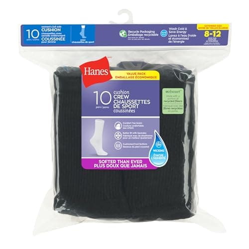 Hanes Women's Crew Sock, Pack of 10 Dress Casual Socks, Black, 9 11 US