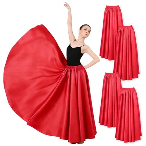 ZLDPQ 4PCS Satin Maxi Skirt for Women Circle Dance Skirts Ankle Length Long Skirt Women for Flamenco Belly Dance Party, Red, One Size