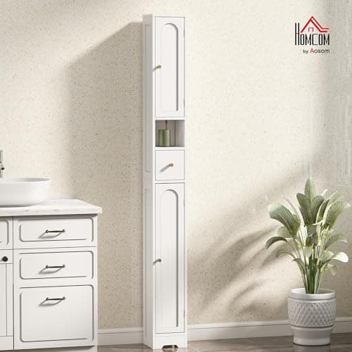 HOMCOM Tall Bathroom Cabinet, Modern Slim Bathroom Storage with Arched Doors, Drawer and Open Shelf, Narrow Storage with Adjustable Shelves, White