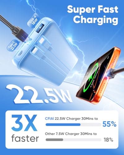 Portable Charger Power Bank - Slim 15000mAh 50% Larger Capacity Battery Pack, USB C 22.5W Fast Charging Powerbank with Built-in Cable, Travel Essential Phone Charger for iPhone Android, Glacier blue — view 4