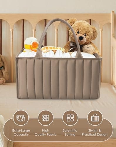 SWEET DOLPHIN 2-Pack Quilted Diaper Caddy Organizer – Premium Puffer Style Nursery Storage Bins – Water-Resistant & Wipeable Changing Table Organizer – Trendy Tote for Home & Car Travel - Mocha Brown — view 3