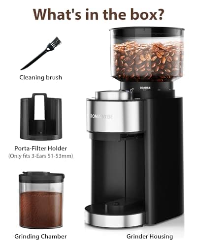 Aromaster Burr Coffee Grinder, Electric Coffee Bean Grinder for Home Use, 25 Grind Settings, Adjustable 2-12 Cups Timer,3-Ears Portafilter Holder, Anti-Static Design, Cleaning Brush, Black — view 6