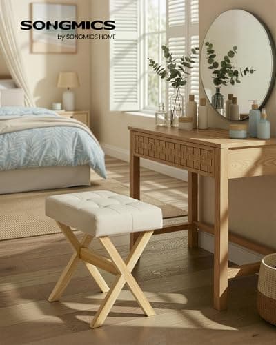 SONGMICS Makeup Stool, Padded Vanity Stool, Foot Rest, Solid Wood X Legs, for Bedroom, Closet, Entryway, 12.6 x 16.5 x 18.1 Inches, Summer Sand and Natural Beige ULSF006LF02 — view 2