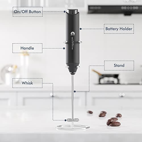 Powerful Milk Frother Handheld Foam Maker, Mini Whisk Drink Mixer for Coffee, Cappuccino, Latte, Matcha, Hot Chocolate, with Stand, Black — view 4