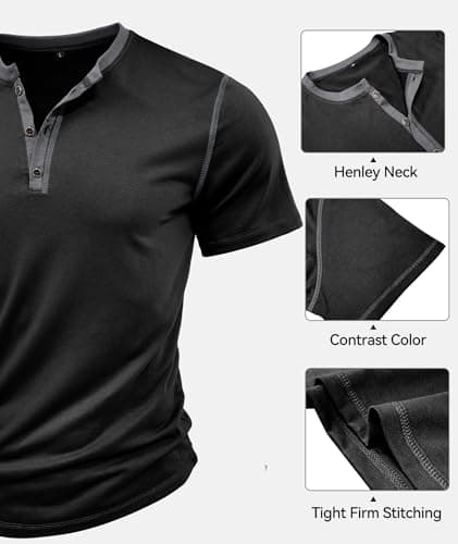 Rela Bota Mens Henley Shirts Short Sleeve Casual Summer T-Shirt Cotton Classic Crewneck Button Tees Muscle Slim Fit Tops Black — view 5