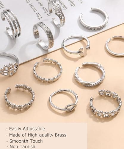 ZHESHY 12PCS 14K Gold Plated Toe Rings for Women Adjustable Silver Gold Toe Ring Set Cute Flower CZ Heart Toe Rings Band Open Beach Summer Foot Jewelry for Women — view 4