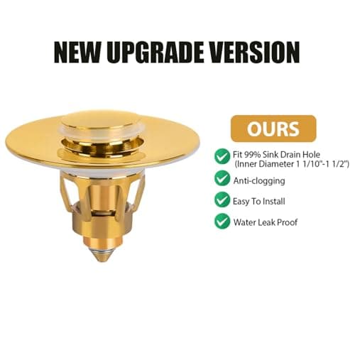 Three colors Bathroom Sink Stopper, 1.1-1.5" Bathroom Sink Drain Strainer, Universal WashBasin Pop Up Drain Stopper, Bounce Core Push Type Sink Plug, Anti-Clogging, Stainless Steel (Gold,1PCS) — view 2