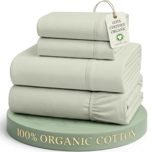 Lane Linen 100% Organic Cotton Queen Sheet Set, 4-Piece Percale Bed Sheets for Queen Bed - Soft, Breathable, Hypoallergenic, Deep Pocket Fits Mattress Up to 15" Deep, Hotel Quality Sheets - Mineral