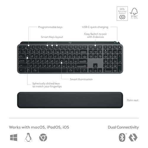Logitech MX Keys S Combo - Performance Wireless Keyboard and Mouse with Palm Rest, Customizable Illumination, Fast Scrolling, Bluetooth, USB C, for Windows, Linux, Chrome, Mac - Graphite — view 5