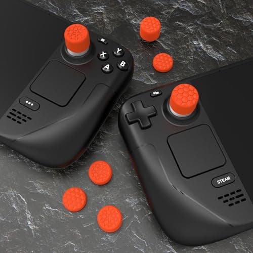 PlayVital Orange Ergonomic Stick Caps Thumb Grips for Steam Deck LCD & OLED, for PS Portal Remote Player - with 3 Height Convex and Concave - Diamond Grain & Crack Bomb Design, Set of 10 — view 2