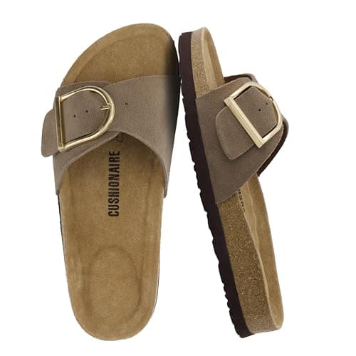 CUSHIONAIRE Leeds 100% Genuine Leather Suede Womens Sandals, Comfortable Slides for Women with Adjustable Statement Buckle, MOSS 8