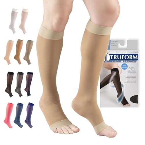 Truform Sheer Compression Stockings, 15-20 mmHg, Women's Knee High Length, Open Toe, 20 Denier, Light Beige, Small