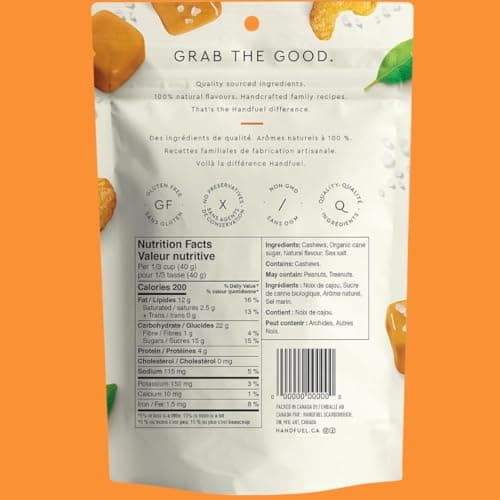 Handfuel Salted Caramel Cashews, Hand Roasted Salted Cashews, 4g of Protein, Proudly Canadian Made Plant Based Flavoured Nuts - 150 Grams