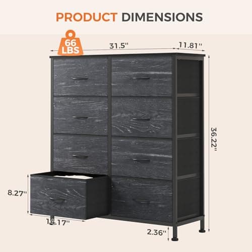 Sweetcrispy 8 Drawer Fabric Dresser for Bedroom, Tall Dresser, Black Wood — view 2