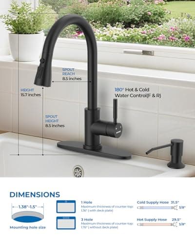 WEWE Kitchen Faucet with Soap Dispenser and Pull Down Sprayer, RV Single Handle Classic 3 Modes Stainless Steel Faucet for Kitchen Sink, RV, Matte Black