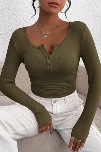 PRETTYGARDEN Women's 2026 Fall Long Sleeve Henley T Shirts Button Ribbed Knit Slim Fit Basic Tops Blouse Casual Outfits (Army Green,Small) — view 8