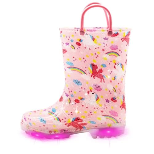 EUXTERPA Kids Toddler Light Up Rain Boots Girls Waterproof Patterns and Glitter Boots with Easy On Handles, Pink Unicorn, Little Kid Size 13