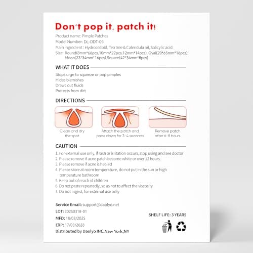 Daolyo Large Acne Pimple Patches for Face, 6 Sizes 142 Counts Big Hydrocolloid Bandages for Body, Forehead, Chin, Nose, Neck & Chest(Round, Oval, Moon, Square) — view 7