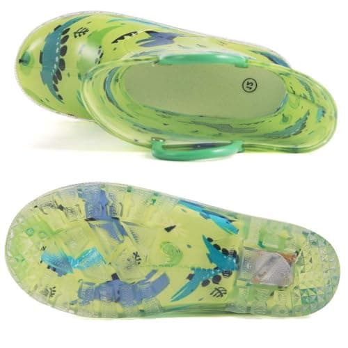 HugRain Toddler Boys Rain Boots Baby Kids Light Up Printed Waterproof Shoes Rubber Garden Puddle Boots Lightweight Adorable Cute Green Dinosaur Easy-On Handles and Insole (Size 10,Green) — view 5