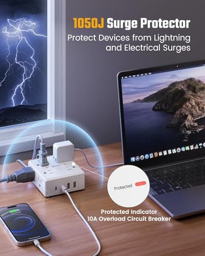 Surge Protector Power Bar, SUPERDANNY 6 Ft Extension Cord with 8 Outlets & 4USB Ports (2 USB 2 C), Mountable Flat Plug Power Strip, Surge Protection for Home, Office, Dorm — view 2