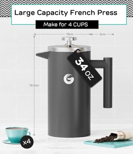Coffee Gator 304 Grade Stainless Steel French Press Coffee Maker 34 oz, Double Wall Insulated Hot Cold Brew Teapot with 4-Level Filtration System, Include Travel Jar Canister, Kitchen, Gray — view 2